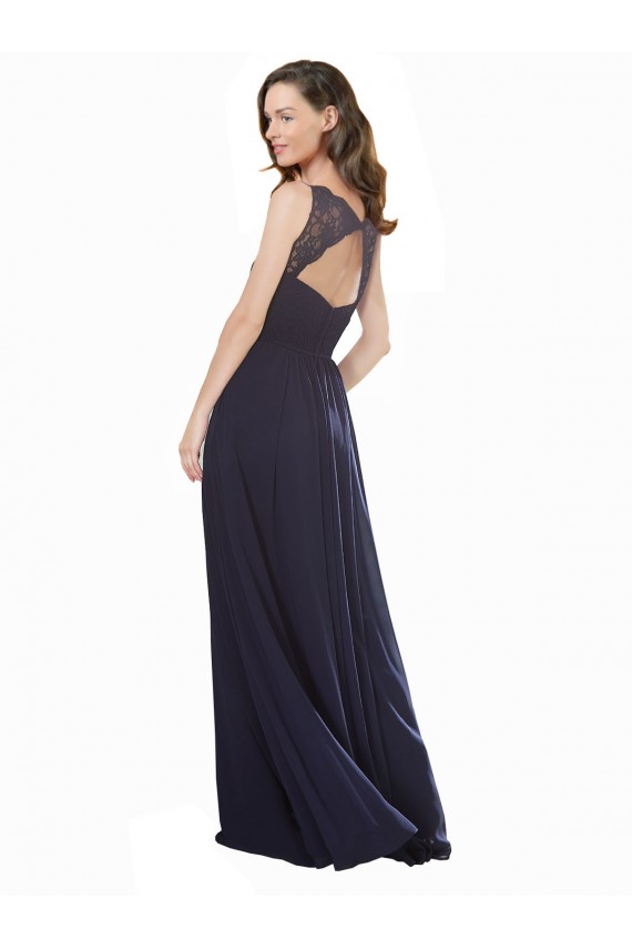 Acquista Blu marino scuro Linea A Scollatura a V Chiffona Pizzo Lunga Abiti da damigella donore