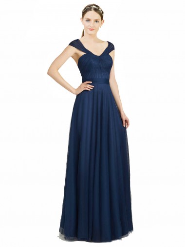 Acquista Blu marino scuro Linea A Scollatura a V Innamorato Tulle Lunga Abiti da damigella donore