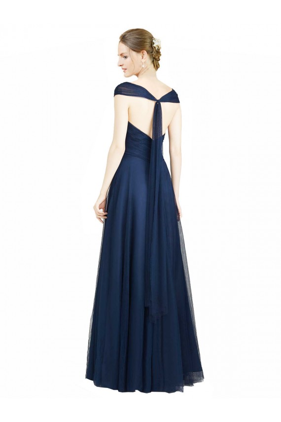 Acquista Blu marino scuro Linea A Scollatura a V Innamorato Tulle Lunga Abiti da damigella donore
