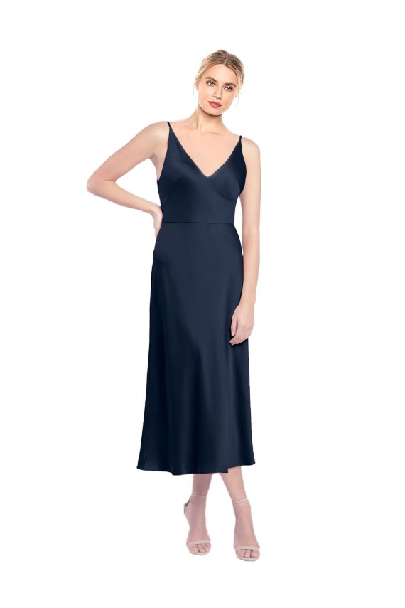 Acquista Blu marino scuro Linea A Scollatura a V Midi Raso Elastico Corto Abiti da damigella donore / Abiti da sera / Abiti da cocktail