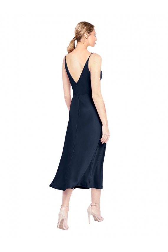 Acquista Blu marino scuro Linea A Scollatura a V Midi Raso Elastico Corto Abiti da damigella donore / Abiti da sera / Abiti da cocktail