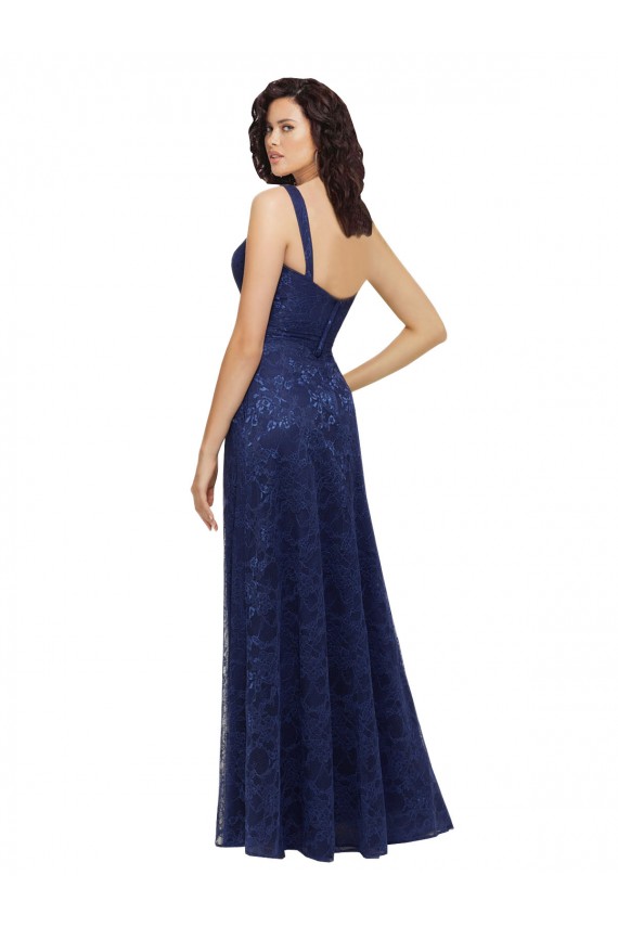 Acquista Blu marino scuro Linea A Scollatura a V Pizzo Lunga Abiti da damigella donore