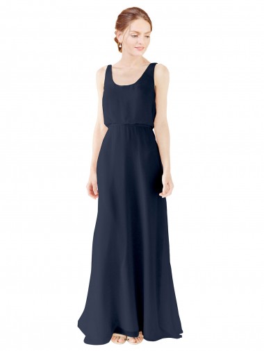 Acquista Blu marino scuro Linea A Scoop Chiffona Lunga Abiti da damigella donore