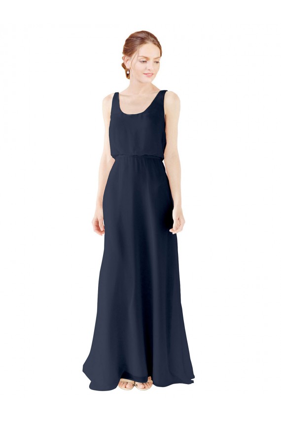 Acquista Blu marino scuro Linea A Scoop Chiffona Lunga Abiti da damigella donore
