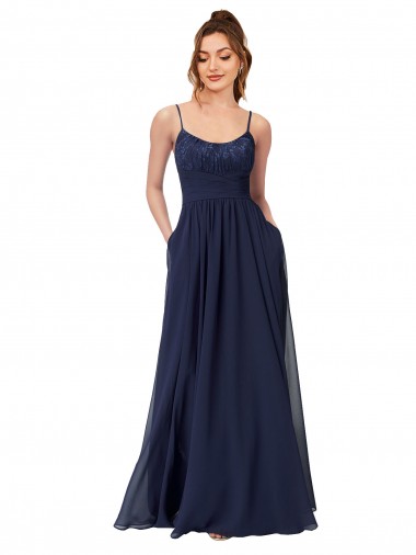 Acquista Blu marino scuro Linea A Scoop Chiffona Pizzo Lunga Abiti da damigella donore