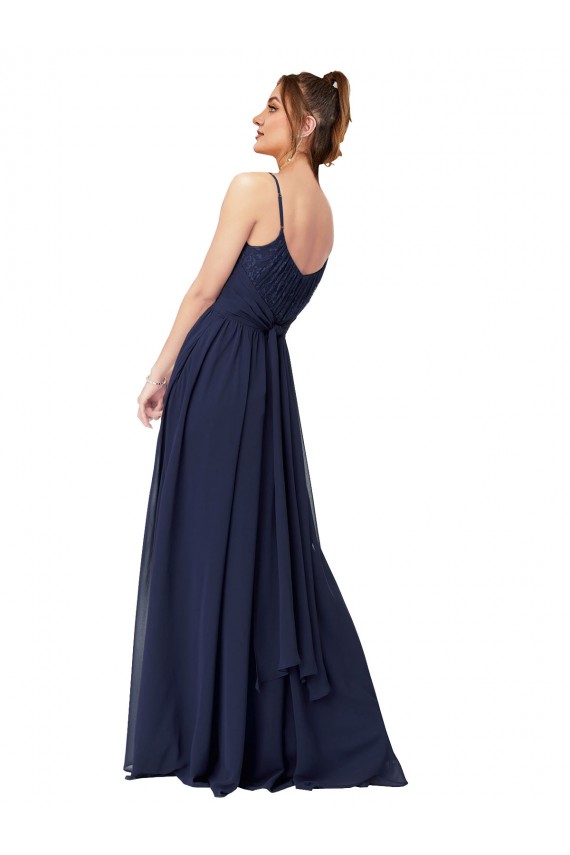 Acquista Blu marino scuro Linea A Scoop Chiffona Pizzo Lunga Abiti da damigella donore