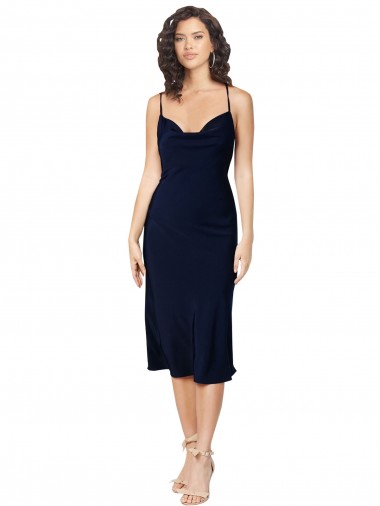 Acquista Blu marino scuro Linea A Sottili Cappuccio Midi Raso Setoso Corto Abiti da damigella donore / Abiti da sera / Abiti da cocktail
