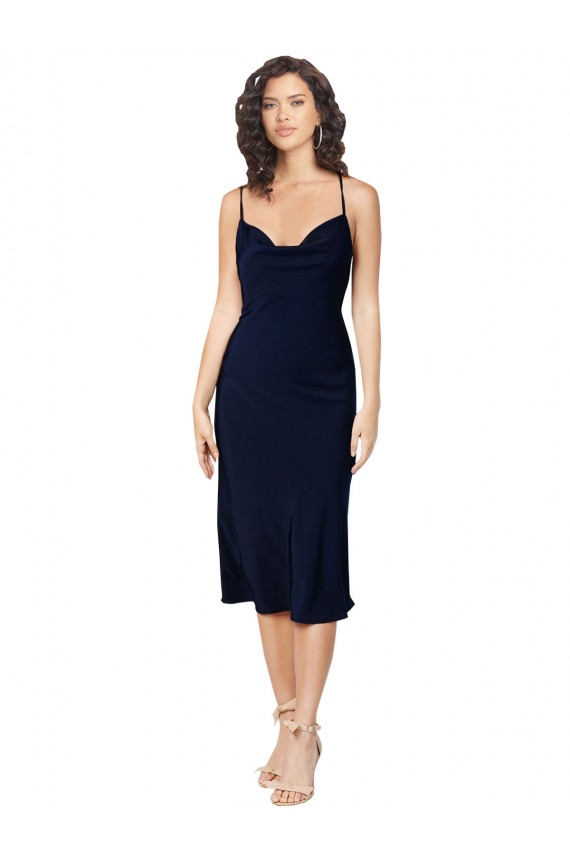 Acquista Blu marino scuro Linea A Sottili Cappuccio Midi Raso Setoso Corto Abiti da damigella donore / Abiti da sera / Abiti da cocktail