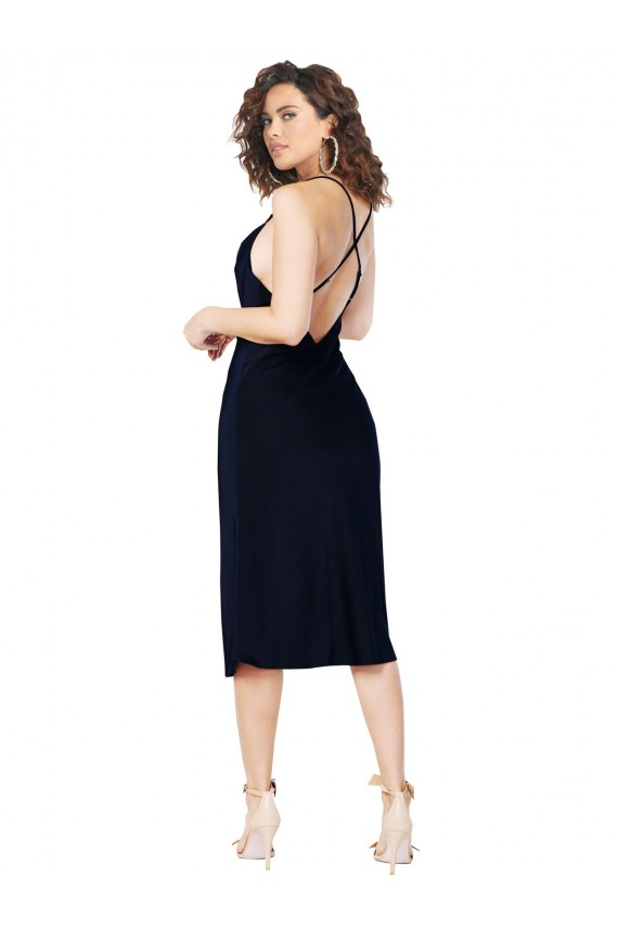 Acquista Blu marino scuro Linea A Sottili Cappuccio Midi Raso Setoso Corto Abiti da damigella donore / Abiti da sera / Abiti da cocktail