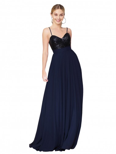 Acquista Blu marino scuro Linea A Sottili Chiffona Paillettes Lunga Abiti da damigella donore / Abiti da ballo