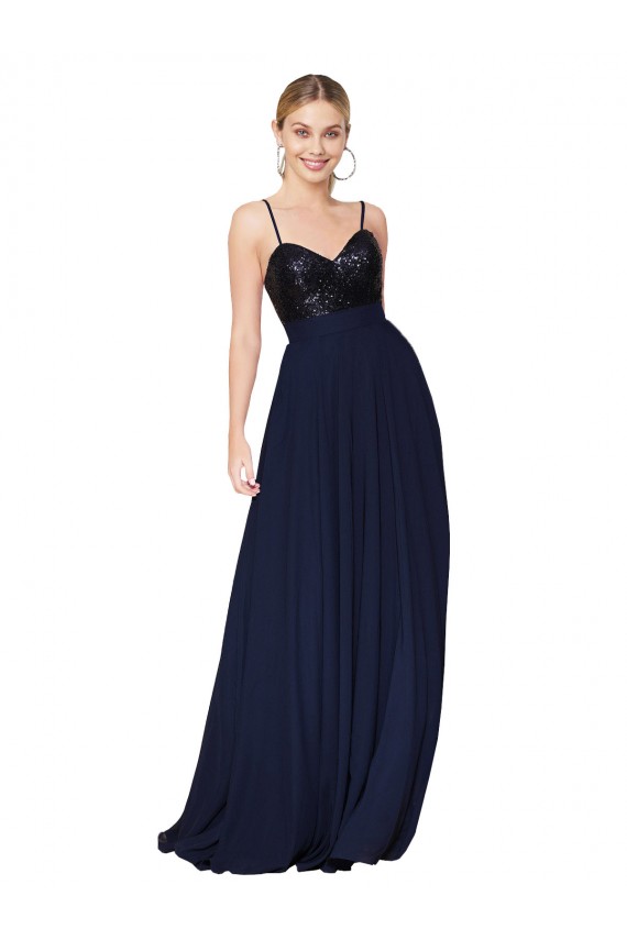 Acquista Blu marino scuro Linea A Sottili Chiffona Paillettes Lunga Abiti da damigella donore / Abiti da ballo