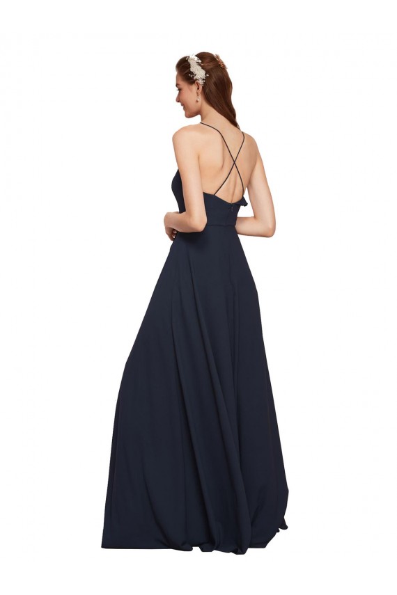 Acquista Blu marino scuro Linea A Sottili Scollatura a V Chiffona Lunga Abiti da damigella donore