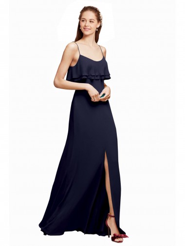 Acquista Blu marino scuro Linea A Sottili Scoop Chiffona Lunga Abiti da damigella donore