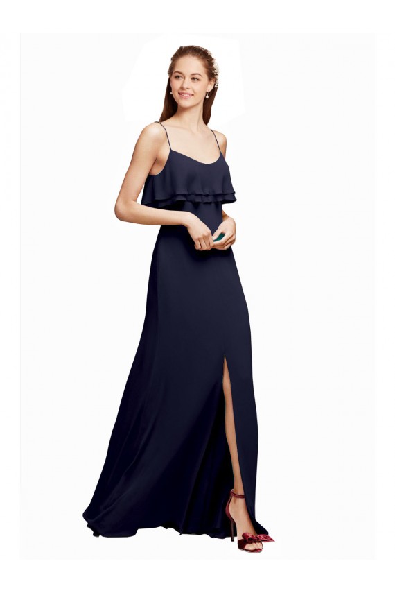 Acquista Blu marino scuro Linea A Sottili Scoop Chiffona Lunga Abiti da damigella donore
