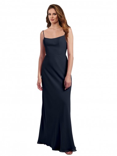 Acquista Blu marino scuro Linea A Sottili Scoop Chiffona Lunga Abiti da damigella donore