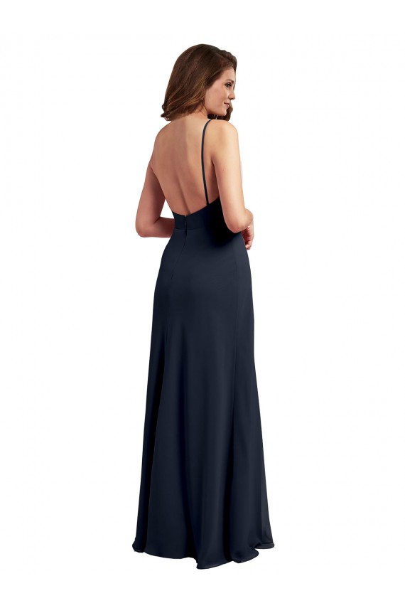 Acquista Blu marino scuro Linea A Sottili Scoop Chiffona Lunga Abiti da damigella donore
