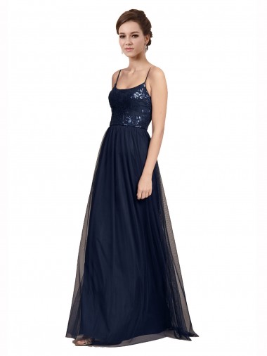 Acquista Blu marino scuro Linea A Sottili Tulle Pizzo Lunga Abiti da damigella donore