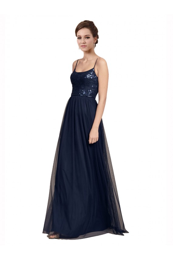 Acquista Blu marino scuro Linea A Sottili Tulle Pizzo Lunga Abiti da damigella donore