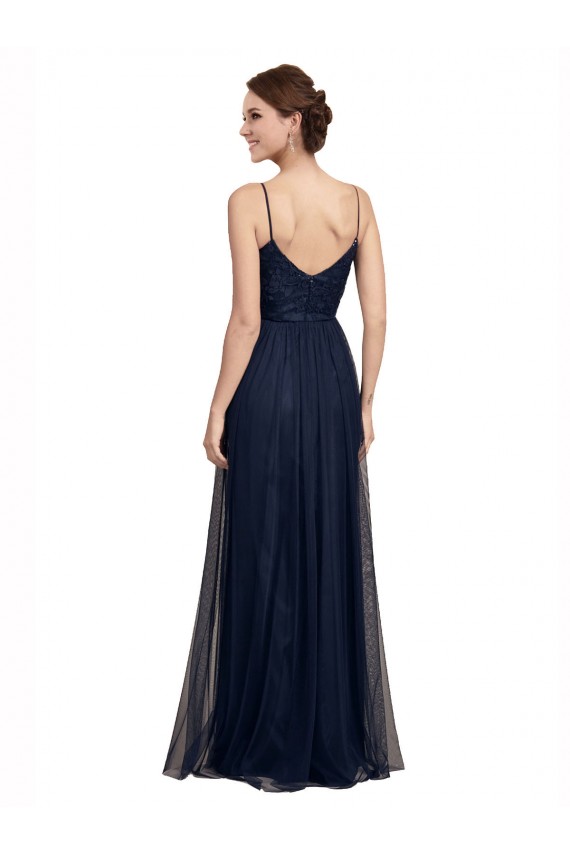 Acquista Blu marino scuro Linea A Sottili Tulle Pizzo Lunga Abiti da damigella donore
