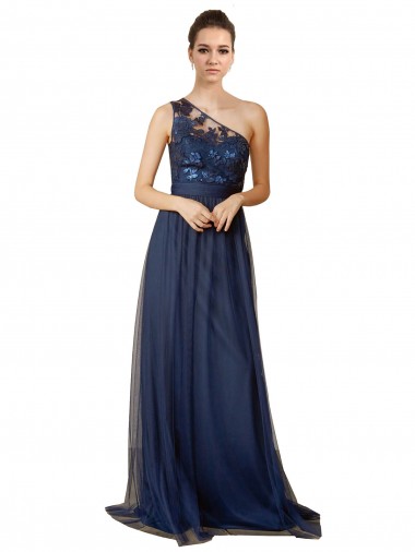 Acquista Blu marino scuro Linea A Una spalla Sweep treno Tulle Lunga Abiti da damigella donore