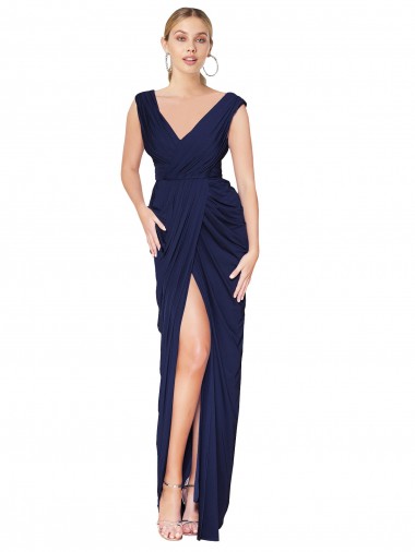 Acquista Blu marino scuro Stile sirena Alto Collo Chiffona Lunga Formali Abiti da damigella donore / Abiti da sera / Abiti da ballo
