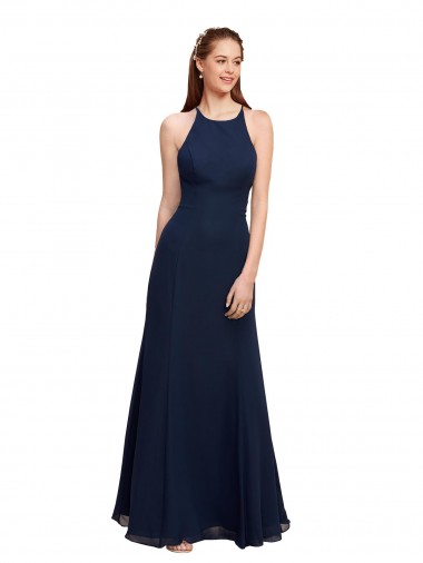 Acquista Blu marino scuro Stile sirena Capestro Alto Collo Chiffona Lunga Abiti da damigella donore / Abiti da ballo