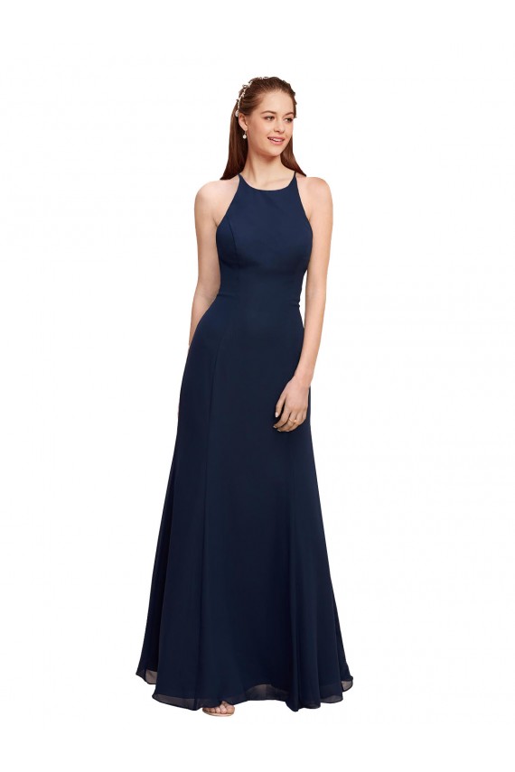 Acquista Blu marino scuro Stile sirena Capestro Alto Collo Chiffona Lunga Abiti da damigella donore / Abiti da ballo