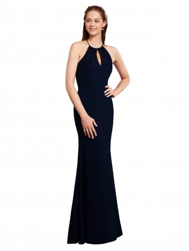Acquista Blu marino scuro Stile sirena Capestro Chiffona Lunga Abiti da damigella donore