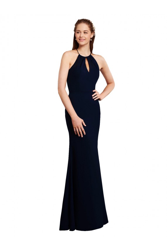 Acquista Blu marino scuro Stile sirena Capestro Chiffona Lunga Abiti da damigella donore