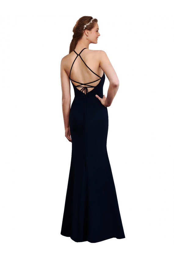 Acquista Blu marino scuro Stile sirena Capestro Chiffona Lunga Abiti da damigella donore