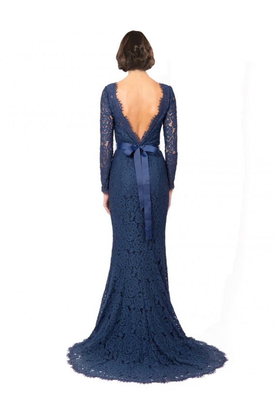 Acquista Blu marino scuro Stile sirena Collo Gioiello Sweep treno Pizzo Lunga Abiti da damigella donore