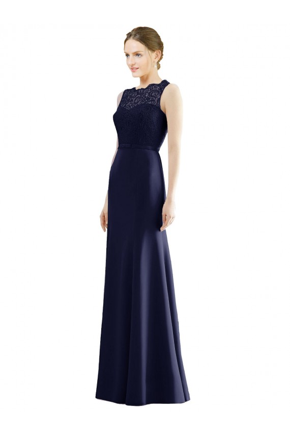 Acquista Blu marino scuro Stile sirena Illusione Chiffona Pizzo Lunga Abiti da damigella donore