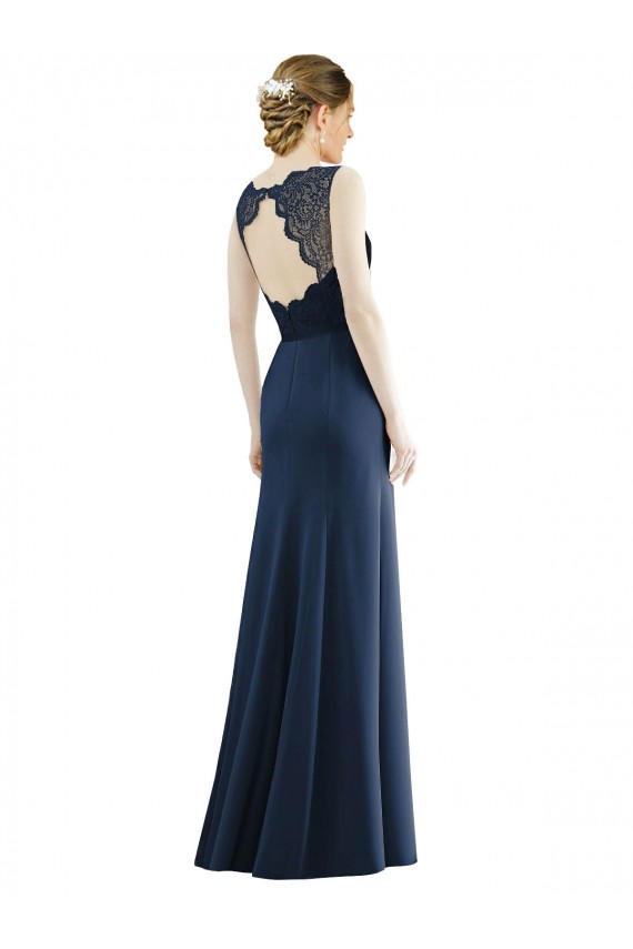 Acquista Blu marino scuro Stile sirena Illusione Chiffona Pizzo Lunga Abiti da damigella donore