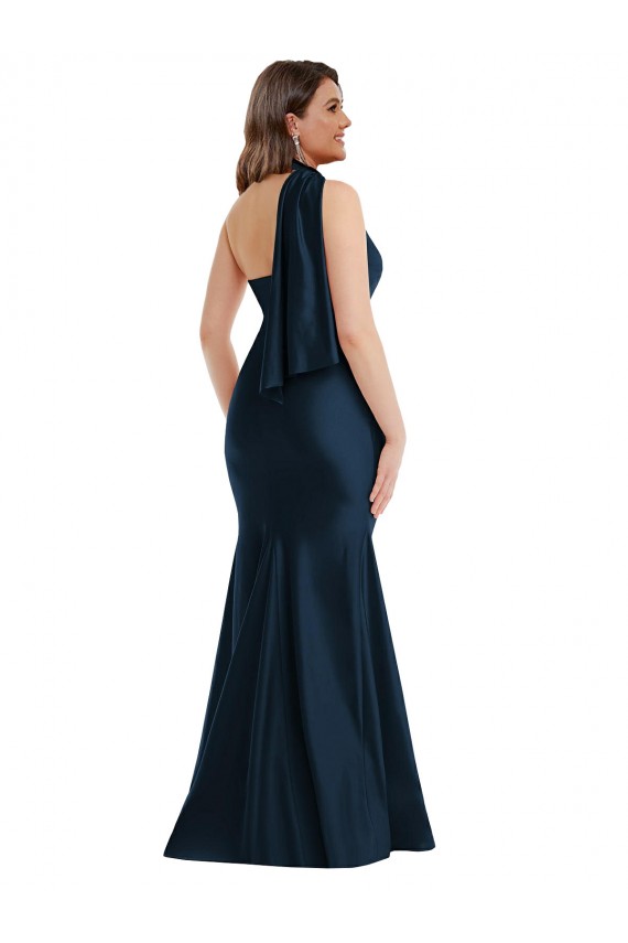 Acquista Blu marino scuro Stile sirena Una spalla Capestro Raso Setoso Lunga Formali Abiti da damigella donore / Abiti da sera / Abiti da ballo
