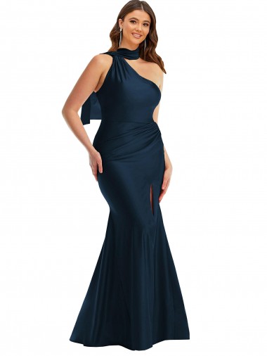 Acquista Blu marino scuro Stile sirena Una spalla Capestro Raso Setoso Lunga Formali Abiti da damigella donore / Abiti da sera / Abiti da ballo