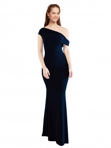 Acquista Blu marino scuro Stile sirena Una spalla Crespo Elastico Lunga Formali Abiti da damigella donore / Abiti da sera / Abiti da ballo