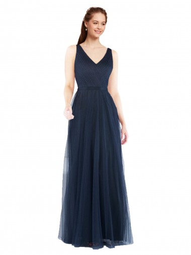 Acquista Blu marino scuro Tubino Scollatura a V Tulle Lunga Abiti da damigella donore