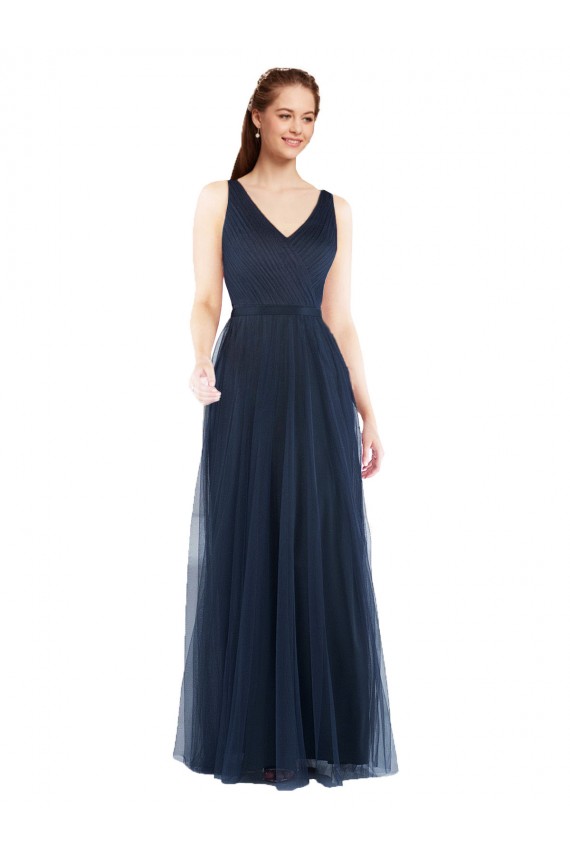 Acquista Blu marino scuro Tubino Scollatura a V Tulle Lunga Abiti da damigella donore