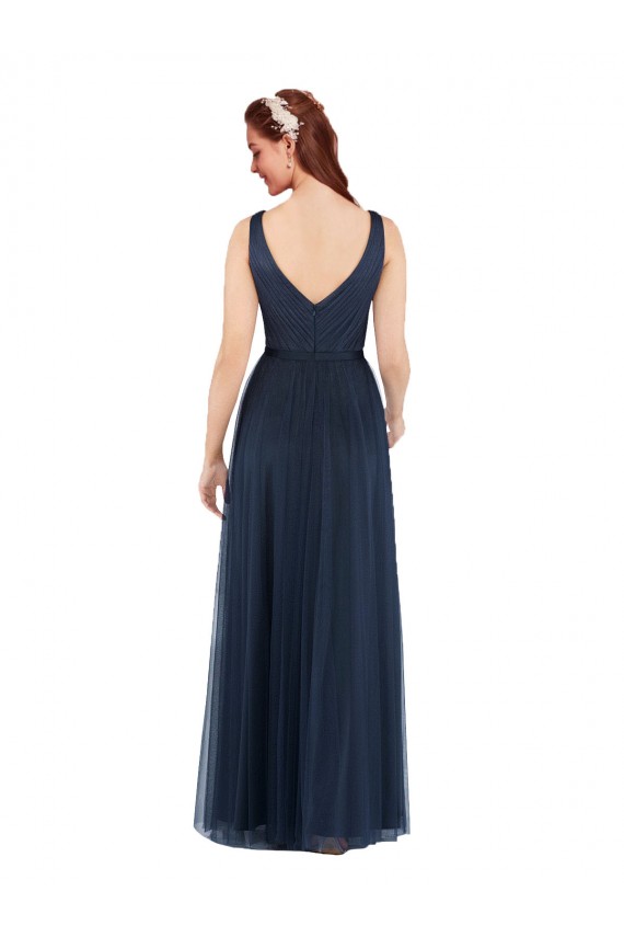 Acquista Blu marino scuro Tubino Scollatura a V Tulle Lunga Abiti da damigella donore