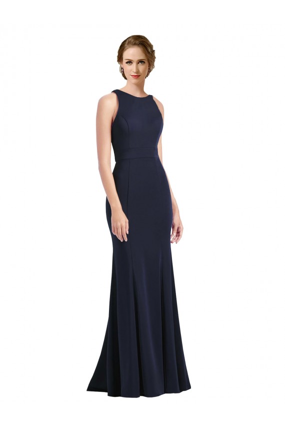 Acquista Blu marino scuro Tubino Scoop Alto Collo Crespo Elastico Lunga Abiti da damigella donore / Abiti da ballo