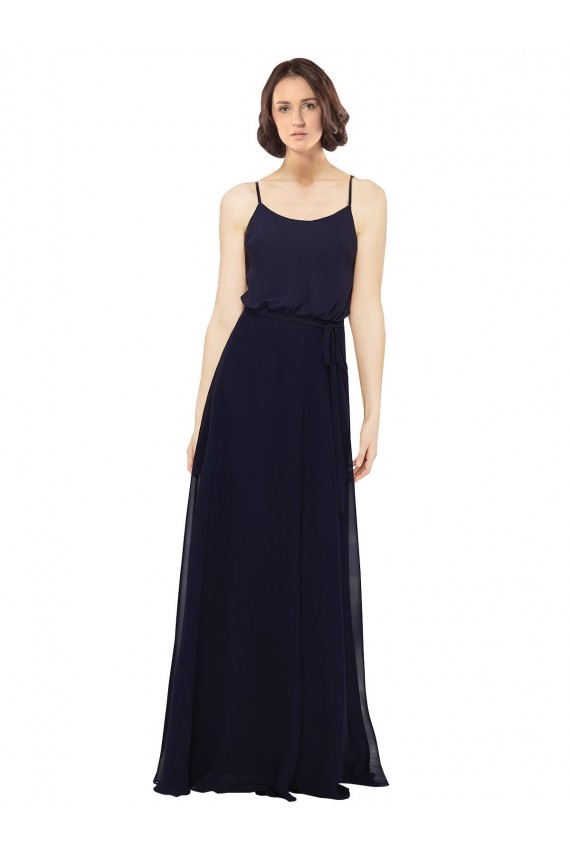 Acquista Blu marino scuro Tubino Scoop Chiffona Lunga Abiti da damigella donore