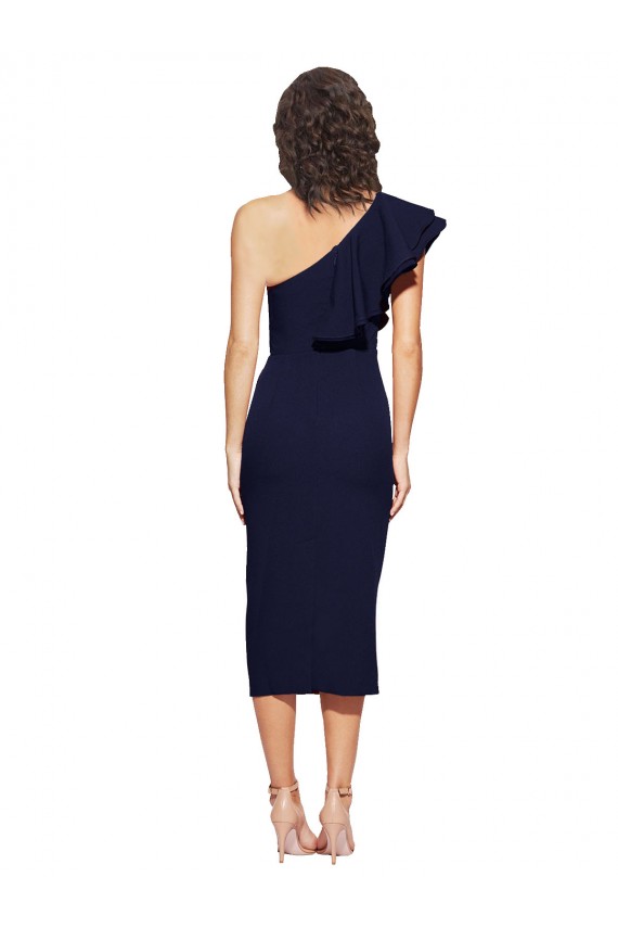 Acquista Blu marino scuro Tubino Una spalla Midi Crespo Elastico Corto Abiti da damigella donore / Abiti da sera / Abiti da cocktail