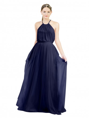 Acquista Blu navy 21 Linea A Capestro Alto Collo Tulle Lunga Abiti da damigella donore