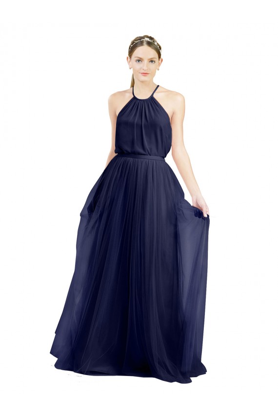 Acquista Blu navy 21 Linea A Capestro Alto Collo Tulle Lunga Abiti da damigella donore