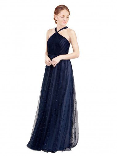 Acquista Blu navy 21 Linea A Capestro Tulle Lunga Abiti da damigella donore