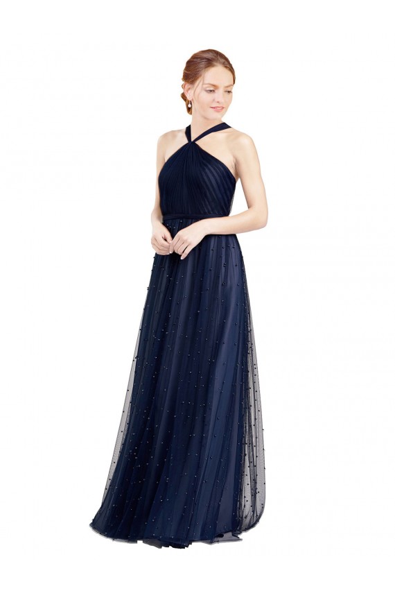 Acquista Blu navy 21 Linea A Capestro Tulle Lunga Abiti da damigella donore