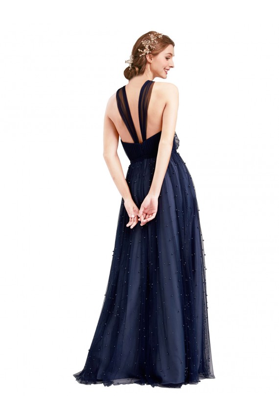 Acquista Blu navy 21 Linea A Capestro Tulle Lunga Abiti da damigella donore