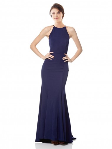 Acquista Blu navy Stile sirena Capestro Alto Collo Crespo Elastico Lunga Formali Abiti da damigella donore / Abiti da sera / Abiti da ballo