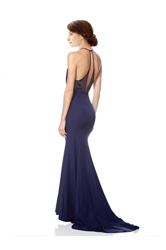 Acquista Blu navy Stile sirena Capestro Alto Collo Crespo Elastico Lunga Formali Abiti da damigella donore / Abiti da sera / Abiti da ballo