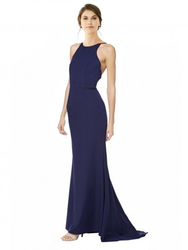 Acquista Blu navy Stile sirena Capestro Alto Collo Crespo Elastico Lunga Formali Abiti da damigella donore / Abiti da sera / Abiti da ballo